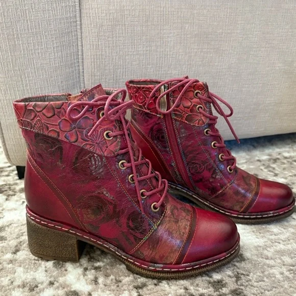 $178 L'Artiste by Spring Step Leather Lace-Up Boots NEW fallinluv Bordeaux 38/8 - Picture 2 of 8